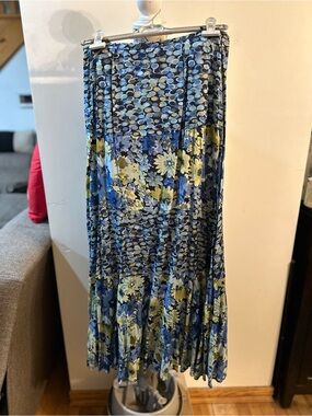 Women's Blue Floral and Yellow Tiered Maxi Skirt